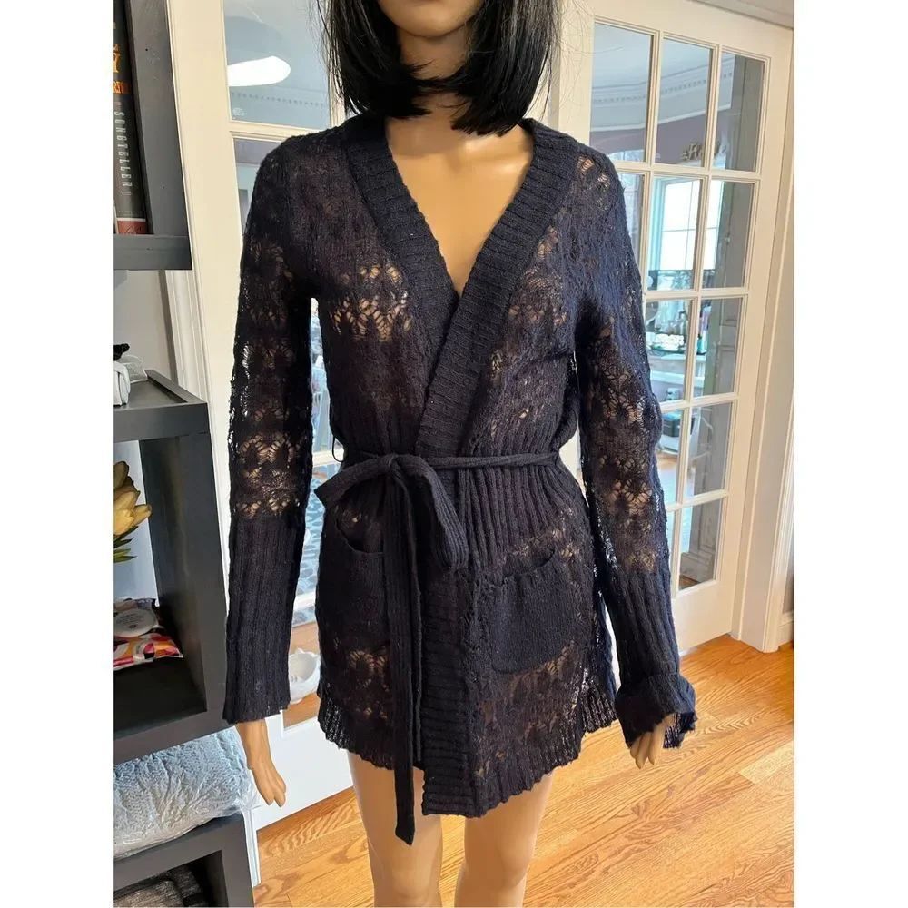 Noa Noa Navy Very Fine Knit Wool & Mohair Belted Cardigan Sweater sz S